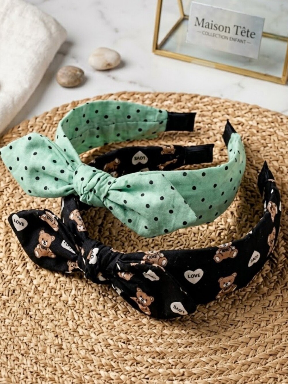 Set of 2 Headbands with Bow for Women / Girls, Bear Knot and Polka Dot Headband.